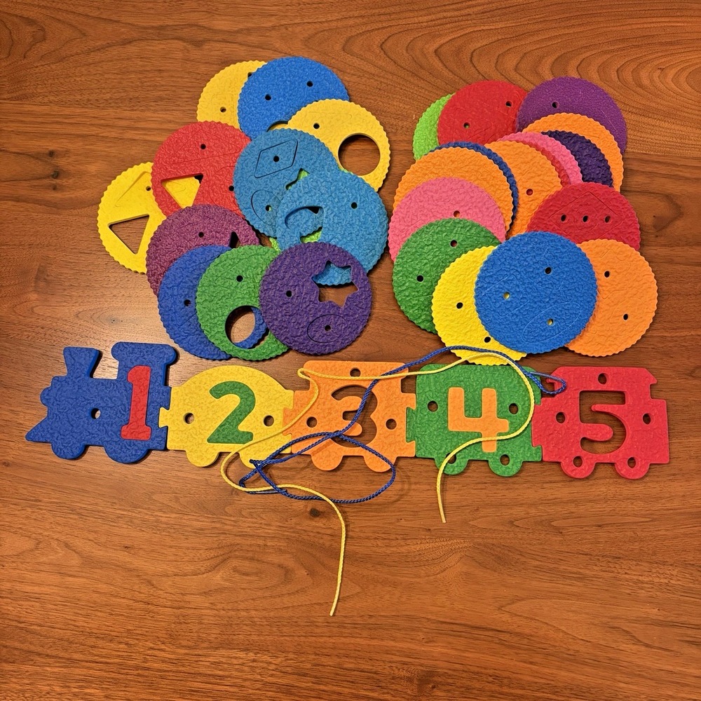 Vintage Lauri Fit-A-Space Washable Crepe Foam Puzzle Train Numbers Shapes Set